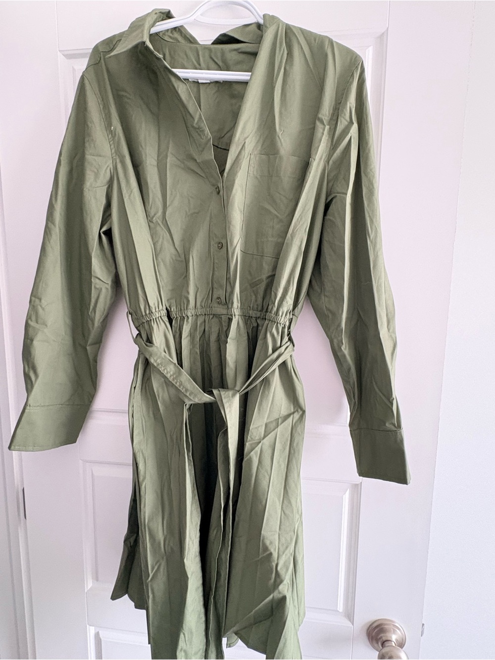 Olive Green Button-Front Shirt Dress with Waist Tie